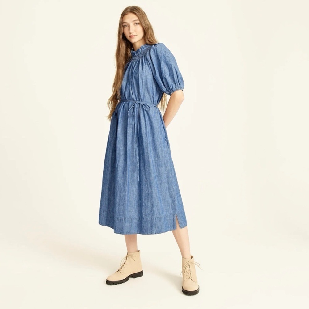 J. Crew Smocked Puff Sleeve Midi Dress XS Blue Chambray Cottagecore Classic Chic